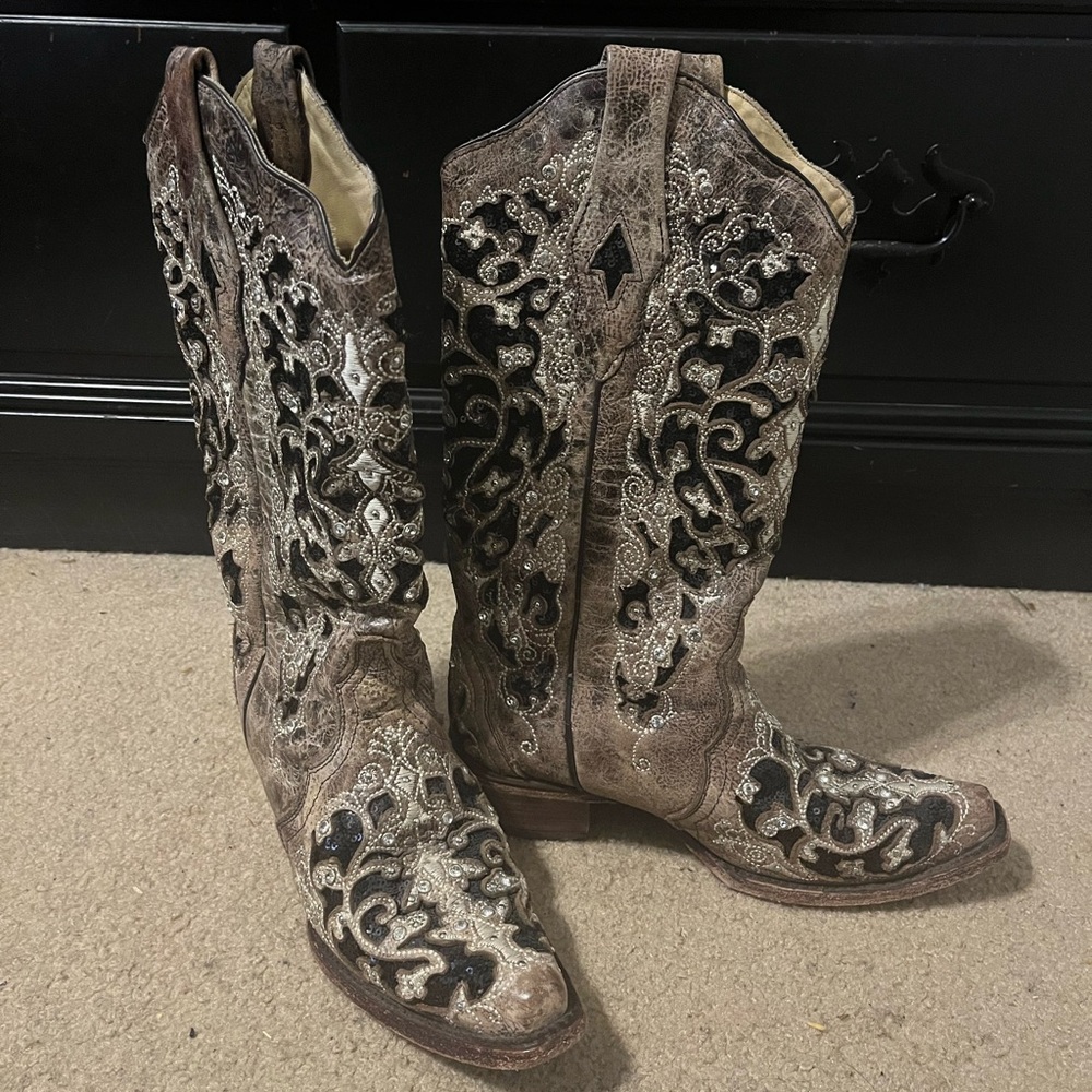 Corral Heeled Brown and Black Boots with Intricate Design